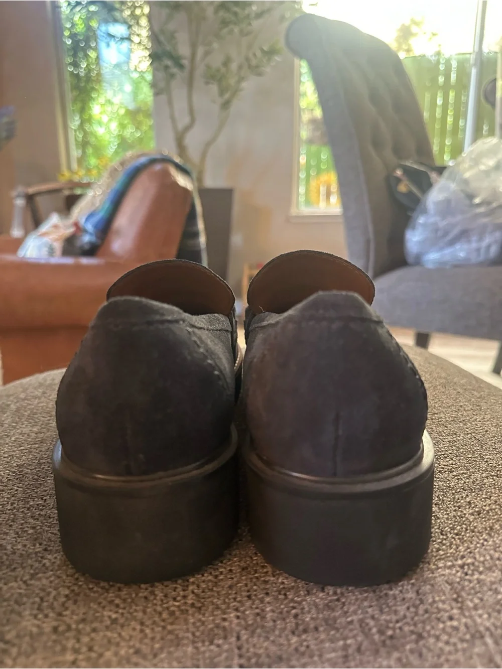 Earth Black Suede Loafers with Chunky Chain Accent